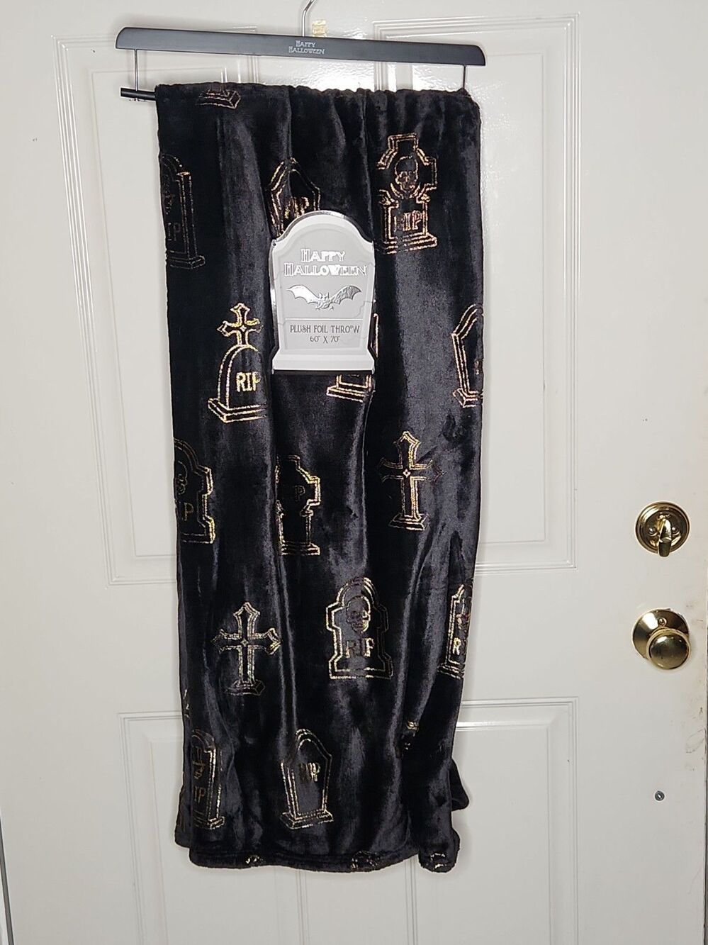 Happy Halloween Black Plush Throw BlanKet Gold Foil Tombstones & Crosses 60"Γ70"